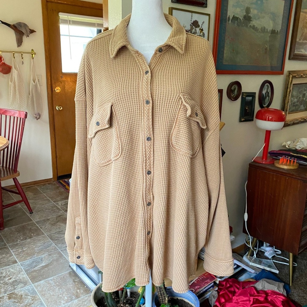 Aerie LumberJane Waffle Knit Button Down Shirt Shacket XL Tan Oversized Gorpcore - Picture 2 of 6